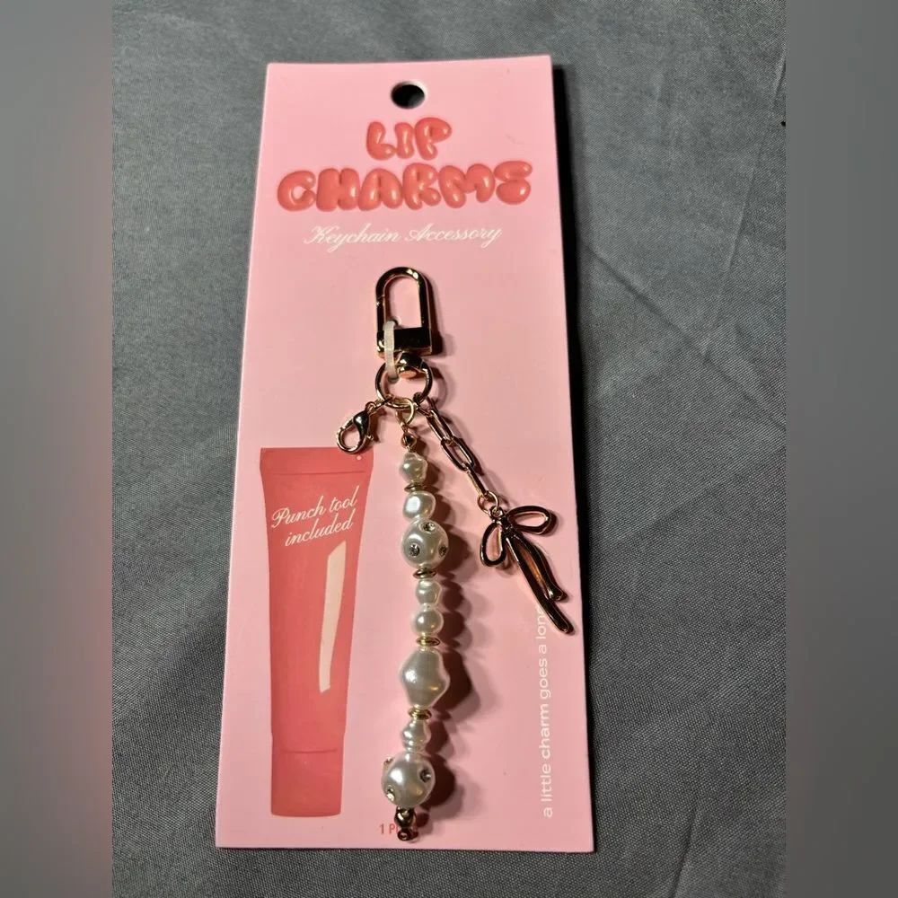 New Pearl Bead Keychain Charm with Gold Bow Accent - Women Makeup Accessory